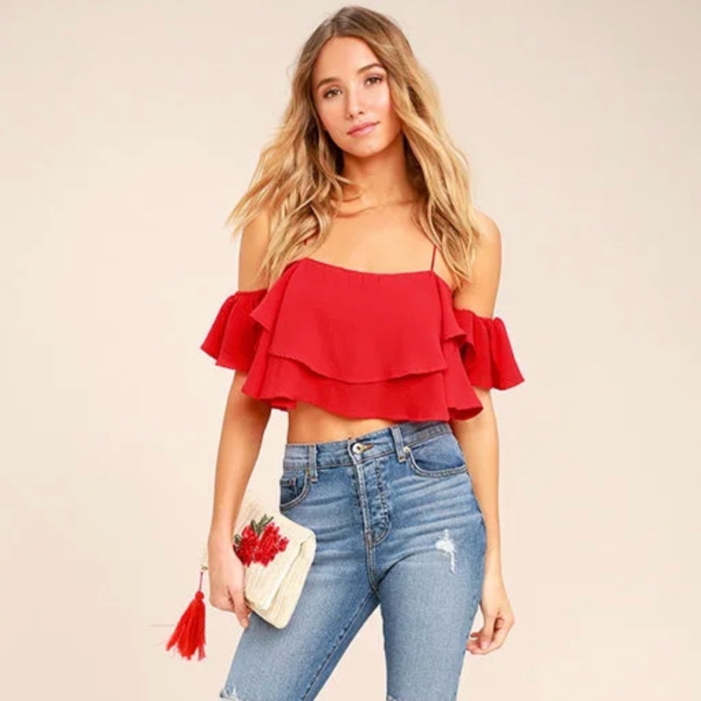 Lulus Red Ruffled Off-the-Shoulder Crop Top